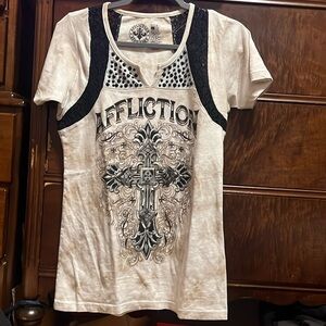 Affliction t shirt with lace and black crystal detail.